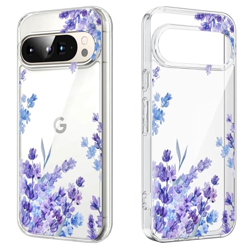 DiyGody Elegant Blumen Handyhülle Kompatibel mit Google Pixel 9 Pro 6,3 Zoll, Transparente Silikon TPU Schutzhülle mit Lavendel Muster für Frauen, Ultra Dünn Anti-Rutsch Stoßfest Hybrid-Schutz Hülle von DiyGody