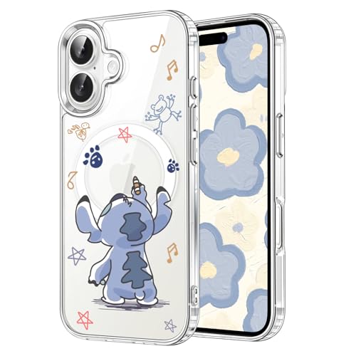 DiyGody Magnetische Schutzhülle für iPhone 16, 15,5 cm (6,1 Zoll), kompatibel mit MagSafe, niedliches blaues Design, großes Ohr, Cartoon-Design, kabelloses Laden, transparent, TPU, stoßfeste von DiyGody