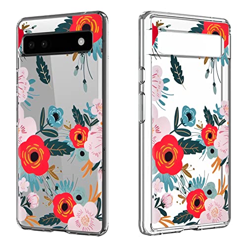 DiyGody Elegant Handyhülle Kompatibel mit Google Pixel 7a 6,1 Zoll 5G 2023, Transparente Weich Silikon TPU Schutzhülle mit Blumen Muster für Frauen, Ultra Dünn Anti-Rutsch Stoßfest Hülle - Rote Rose von DiyGody