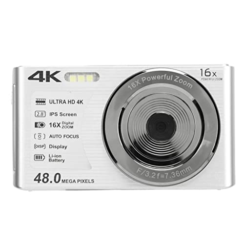 4K-Digitalkamera, Spiegellose 2,8-Zoll-IPS-Kamera mit 16-fachem Digitalzoom, Tragbare Kompaktkamera mit 48 MP, Makroaufnahmen für Videoaufnahmen und Fotos (Silver) von Diyeeni