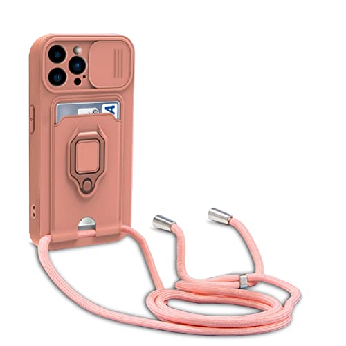 Dllatui Handyhülle Kompatibel mit iPhone 14 Pro Halsband Lanyard Silikonhülle,mit Kamera Schutz Schieber,Drehbarer Ständer mit Kartenfach Necklace Hülle (Pink) von Dllatui