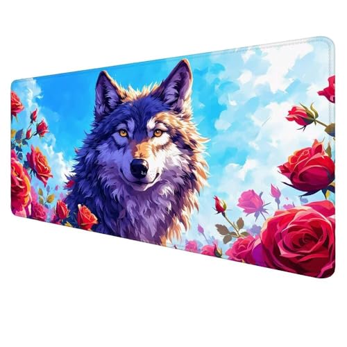 Gaming Mauspad Wolf Mousepad XXL 900x400x3mm Mauspad，Blume Mauspad Gaming XXL,rutschfeste Gummibasis Desk Mat,Erweiterter Wasserdicht Unterlage Schreibtisch Deko Geschenke für Männer Frauen X-45 von Dnnufagg