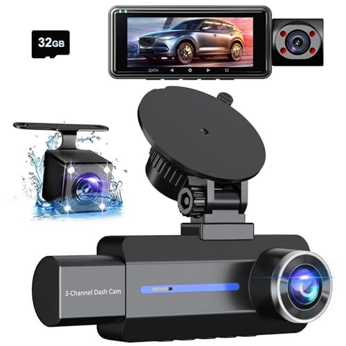 3-Kanal-2K-Dashcam Auto, 1440P-Dashcam Auto Vorne Hinten, Dashcam für Autos, Autokamera mit 32-GB-Karte, G-Sensor, Loop-Aufnahme, 170°-Weitwinkel, IR-Nachtsicht. von Dnoyevvs