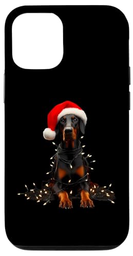 Hülle für iPhone 12/12 Pro Dobermann Pinscher mit Nikolausmütze und Weihnachtsbeleuchtung Besitzer von Doberman Pinscher Christmas Products