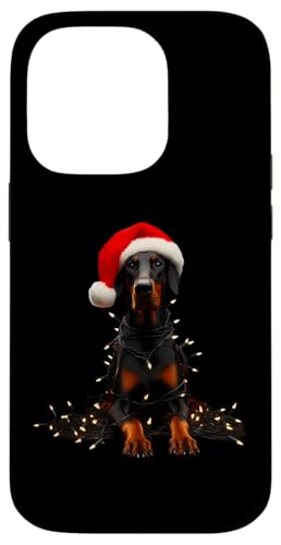 Hülle für iPhone 14 Pro Dobermann Pinscher mit Nikolausmütze und Weihnachtsbeleuchtung Besitzer von Doberman Pinscher Christmas Products