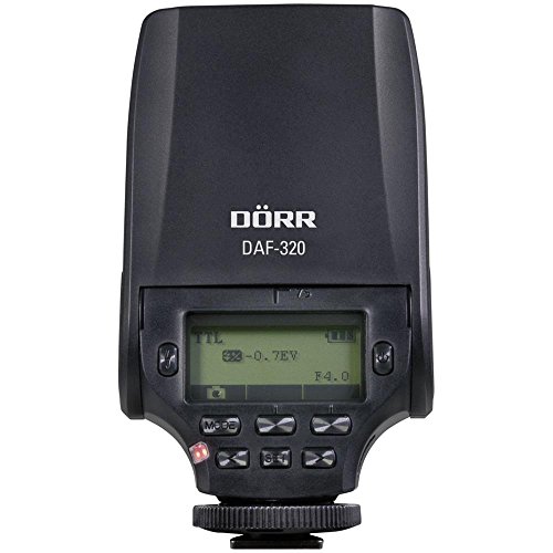 Dörr 370301 TTL Systemblitzgerät DAF-320 für Nikon Kamera (Leitzahl 32, iTTL-Blitzautomatik, Stroboskopfunktion, Diffusorvorsatz, Tasche/Standfuß) von Dörr