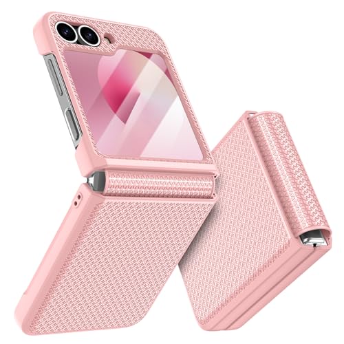 Doeshine für Samsung Galaxy Z Flip 6 Hülle mit Scharnierschutz & Displayschutzfolie, Rutschfester Textur, Hard PC Militär Stoßfest Schutzhülle Kratzfest Rugged Cover für Galaxy Z Flip 6 (Rosa) von Doeshine