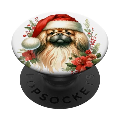 Aquarell-Kunstwerk mit weihnachtlichem Pekinese-Hund PopSockets Klebender PopGrip von Doggies Unlimited