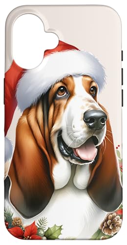 Hülle für iPhone 16 Aquarell-Kunstwerk mit Weihnachts-Basset Hound Hund von Doggies Unlimited