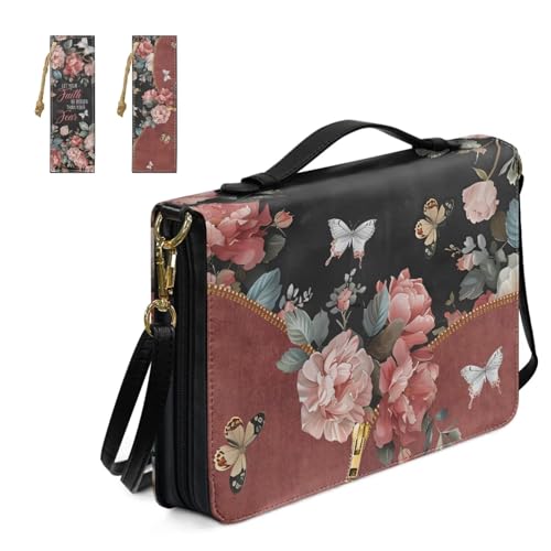 Dolyues Bibelhülle mit Blumenmotiv für Damen, PU-Leder, Bibelhülle für Damen, Blumen-Bibelbuchhülle mit Leder-Lesezeichen, Bibeltasche mit Crossbody-Gurt von Dolyues