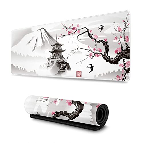 Donboly Gaming Mouse Pad Japanische Pagode und Kirschblüten Zweig übergroße Mausmatte Schreibtisch Pad maxpad XXL, genähte Kanten rutschfeste Gummi Base Mousepad (Kirschblüte, 90cmx40cm) von Donboly