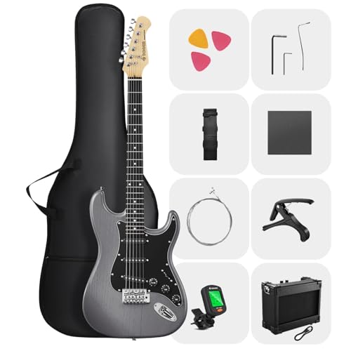 DONNER DST-80 E-Gitarre, 39” Anfänger E-Gitarren-Set mit Verstärker, klassischem SSS-Tonabnehmer, inklusive Gigbag, Stimmgerät, Kapodaster, Gurt, Plektren und kostenlosen Online-Lektionen von Donner