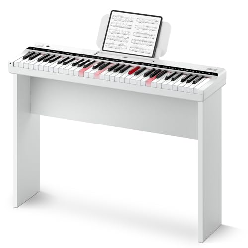 Donner DK-10S Light up Piano Keyboard für Anfänger, tragbares elektrisches Klavier mit 61 Tasten, 5 Stunden Akkulaufzeit, kabellose Verbindung, 500 Töne, Bundle mit Holzständer, POP APP, weiß von Donner