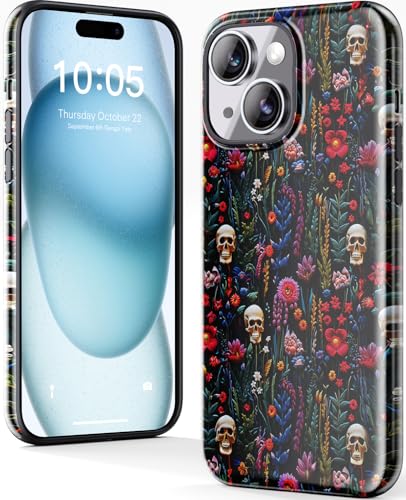 DorisMax Schutzhülle für iPhone 13 Mini, kompatibel mit kabellosem Laden, zweilagige Hartschale + Silikonhülle, stoßfeste Schutzhülle mit stilvollen Designs für Frauen, Totenköpfe und Blumen von DorisMax