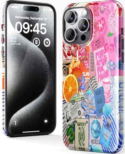 DorisMax Schutzhülle für iPhone 13 Pro Max – kompatibel mit kabellosem Laden – zweilagige Hartschale + Silikonhülle – stoßfeste Schutzhülle mit stilvollen Designs für Frauen – bunte Vintage-Collage von DorisMax