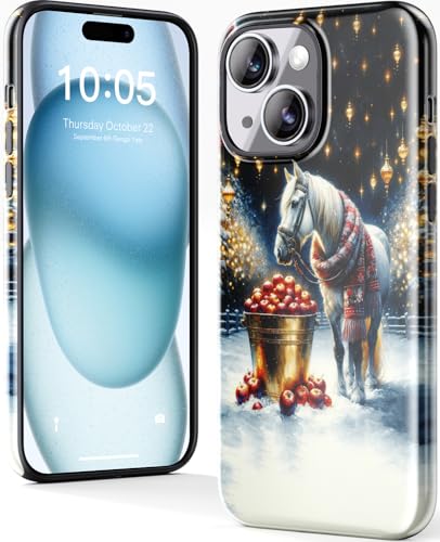 DorisMax Weihnachten Handyhülle für iPhone 15 Plus - Kabelloses Laden Kompatibel - Zweilagige Hartschale + Silikon Cover - Schutzhülle mit stilvollen Designs für Frauen - Weihnachtspferd und Apfel von DorisMax