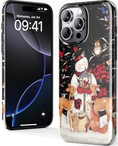 DorisMax Weihnachten Handyhülle für iPhone 16 Pro, kabelloses Laden kompatibel, zweilagige Hartschale + Silikonhülle, Schutzhülle mit stilvollen Designs für Frauen, niedlicher Schneemann und Hirsch von DorisMax