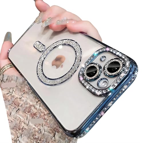 Doulings Magnetische Serie für iPhone-Hülle, kompatibel mit MagSafe, militärischer Sturz- und Kameralinsenschutz, luxuriöse, glitzernde, diamantbeschichtete Stoßstange, transparent, stoßfeste von Doulings