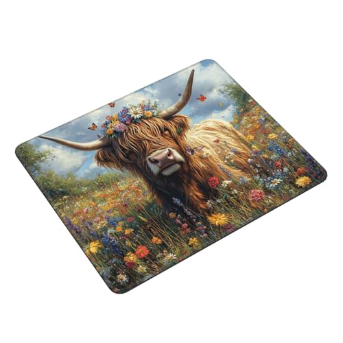 Hochlandrinder Mauspad XXL 240x200x3mm, Gamer Gaming Mauspad Blume Design Vernähte mit Kanten, Wetterfest Anti Rutsch Mousepad PC Laptop verbessert Präzision und Geschwindigkeit für Home Office Deko von Dozsconz