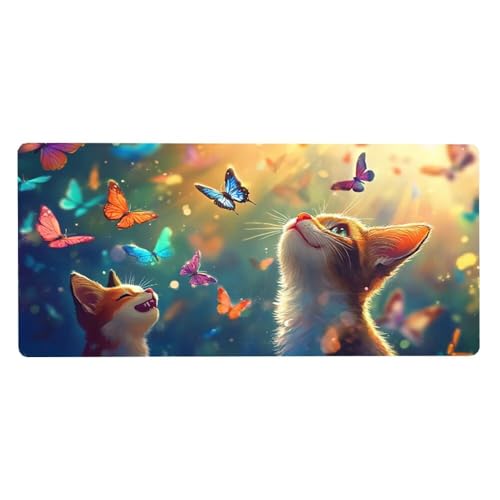 Katze Mousepad XXL Mauspad Groß 900X300X3MM,Schmetterling Schreibtischunterlage WassXerdicht Anti-Rutsch Mouse Pad mit Vernähte Kanten Spezielle Oberfläche, für Schreibtisch Deko Aesthetic, Geschenke von Dozsconz