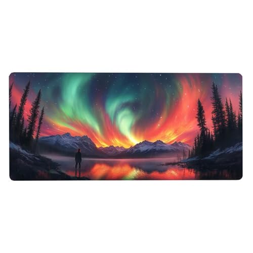 Schreibtischunterlage Aurora Mousepad Gebirge Mauspad XXL 600X300X3MM, Mouse Pad Wasserdicht Rutschfeste Gummibasis, Desk Mat mit Vernähte Kanten Verbessert Präzision und Geschwindigkeit für Home Deko von Dozsconz