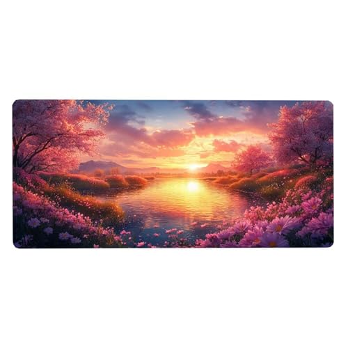 Sonnenuntergang Mousepad XXL Mauspad Groß 1200X600X3MM,Kirschblüten Schreibtischunterlage WassXerdicht Anti-Rutsch Mouse Pad mit Vernähte Kanten Spezielle Oberfläche, für Schreibtisch Deko Aesthetic von Dozsconz