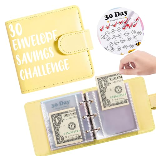 Drawelry Mini Tragbar Budget Planner, 30 Tage Budget Binder mit Cash Saving Challenge Geld Organizer Umschlägen Sparbuch, PU-Leder Money Sparen Haushaltsbuch Geschenke für Kinder Student (Gelb) von Drawelry