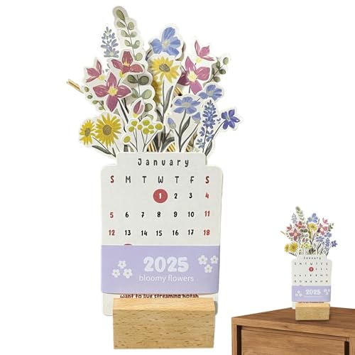 Dreuhuing 2025 Tischkalender Blumen | Bloomy Flower Kalender mit Holzsockel - 2025 Tischkalender, Monatskalender, Planer, abnehmbar, kreativ für Zuhause von Dreuhuing