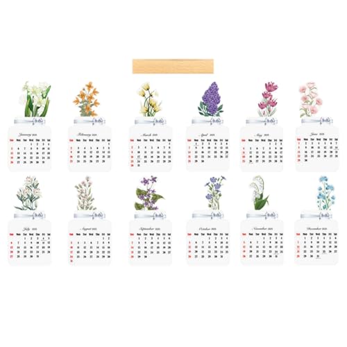 Dreuhuing Desktop -Kalender mit Holzbasis, Bloomy Flowers Desk Kalender | 2025 Standkalender- Stylish Design Tabletop ation für Arbeitsbereich, Wohnzimmer, Schlafzimmer, Wohnung, Schlafsaal von Dreuhuing