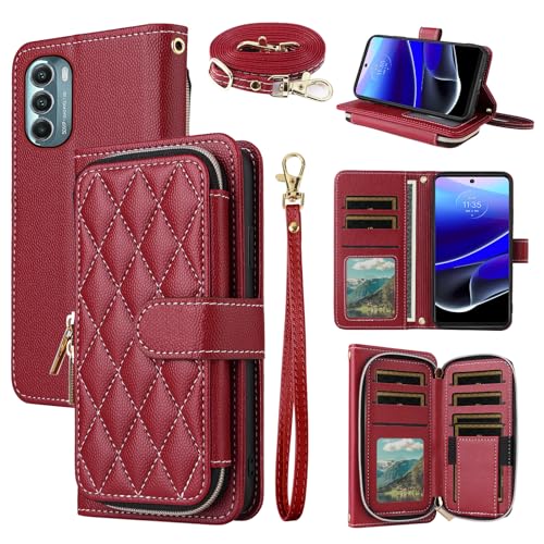 Dswteny Argyle Wallet Case für Motorola Moto G 5G 2022 mit Handschlaufe Schultergurt, PU Leder Kreditkartenfach Ständer Handyhülle für MotoG 5 G G5G 2022 XT2213-3 XT2213-2 Damen Mädchen Rot von Dswteny