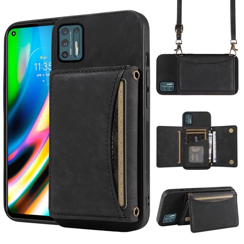 Handyhülle für Moto G9 Plus Wallet Cover mit Crossbody Schultergurt und Leder Kreditkartenfach Tasche Slim Stand Cell Zubehör MotoG9Plus Motorola 9G G 9 + G9+ G9Plus Mädchen Frauen Schwarz von Dswteny