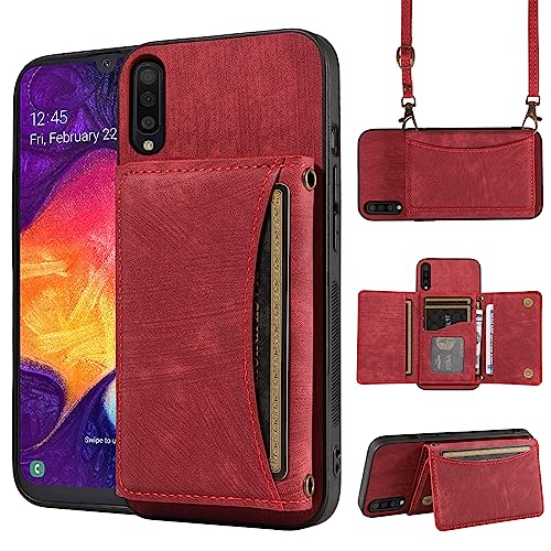 Handyhülle für Samsung Galaxy A50 A50S A30S Wallet Cover mit Crossbody Schultergurt und Leder Kreditkartenfach Tasche Slim Stand Cell Zubehör A 50 50S 30S S50 50A SM A505G Mädchen Rot von Dswteny