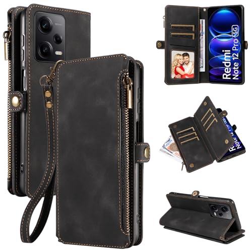 Dtdepth Handyhülle für Xiaomi Redmi Note 12 Pro 5G Hülle mit Kartenfach Geldbörse Magnetverschluss Schutzhülle Klapphülle Ständer Handytasche Leder Tasche Wallet Flip Case Cover - Schwarz von Dtdepth