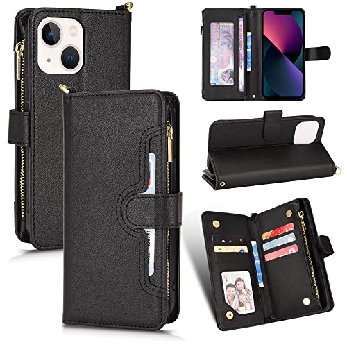 Dtdepth Handyhülle für iPhone 13 (6,1 Zoll) Hülle mit Kartenfächern Klapphülle Geldbörse Magnetverschluss Schutzhülle Ständer Handytasche Leder Tasche Wallet Flip Case Cover - Schwarz von Dtdepth