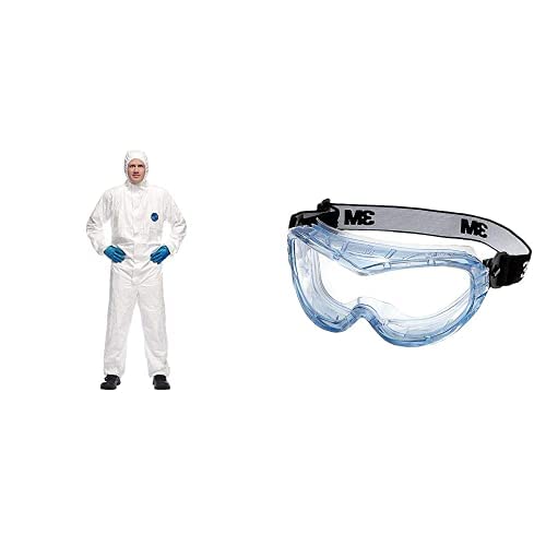 DuPont Tyvek 500 Xpert Chemikalienschutzkleidung mit Kapuze, KategorieII, Typ 5-B und 6-B Weiß Größe XL & 3M Vollsichtschutzbrille Fahrenheit FheitAF – Schutzbrille mit AS, AF& UV Beschichtung von DuPont