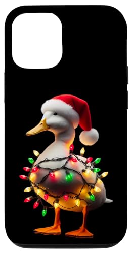 Hülle für iPhone 12/12 Pro Ente mit Weihnachtsmütze und Weihnachtsbeleuchtung, Weiß von Duck With Santa Hat And Christmas Products