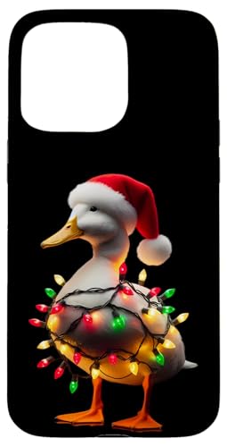 Hülle für iPhone 15 Pro Max Ente mit Weihnachtsmütze und Weihnachtsbeleuchtung, Weiß von Duck With Santa Hat And Christmas Products