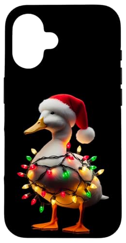 Hülle für iPhone 16 Ente mit Weihnachtsmütze und Weihnachtsbeleuchtung, Weiß von Duck With Santa Hat And Christmas Products