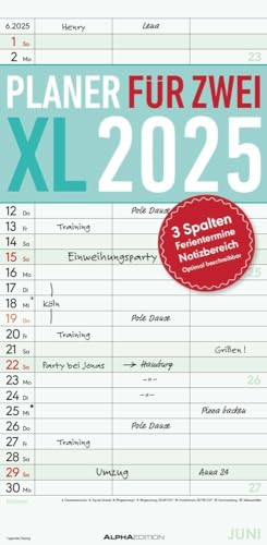 Planer für zwei XL türkis - Kalender 2025 - Alpha-Edition-Verlag - bunter Paarplander mit 3 Spalten zum Eintragen - 22 cm x 45 cm von Dumont Kalenderverlag