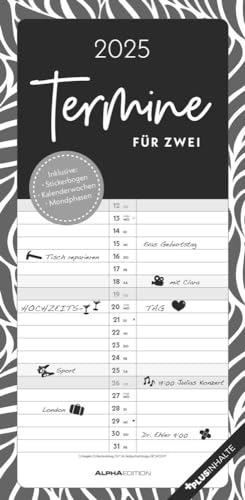 Termine für Zwei - Black & White - Terminplaner 2025 für 2 Personen - Alpha Edition-Verlag - Kalender in schwarz - weiß mit 2 Spalten zum Eintragen und mit Stickerbogen - 22 cm x 45 cm Termine für Zwei - Black & White - Terminplaner 2025 für 2 Personen - Alpha Edition-Verlag - Kalender in schwarz - weiß mit 2 Spalten zum Eintragen und mit Stickerbogen - 22 cm x 45 cm von Dumont Kalenderverlag