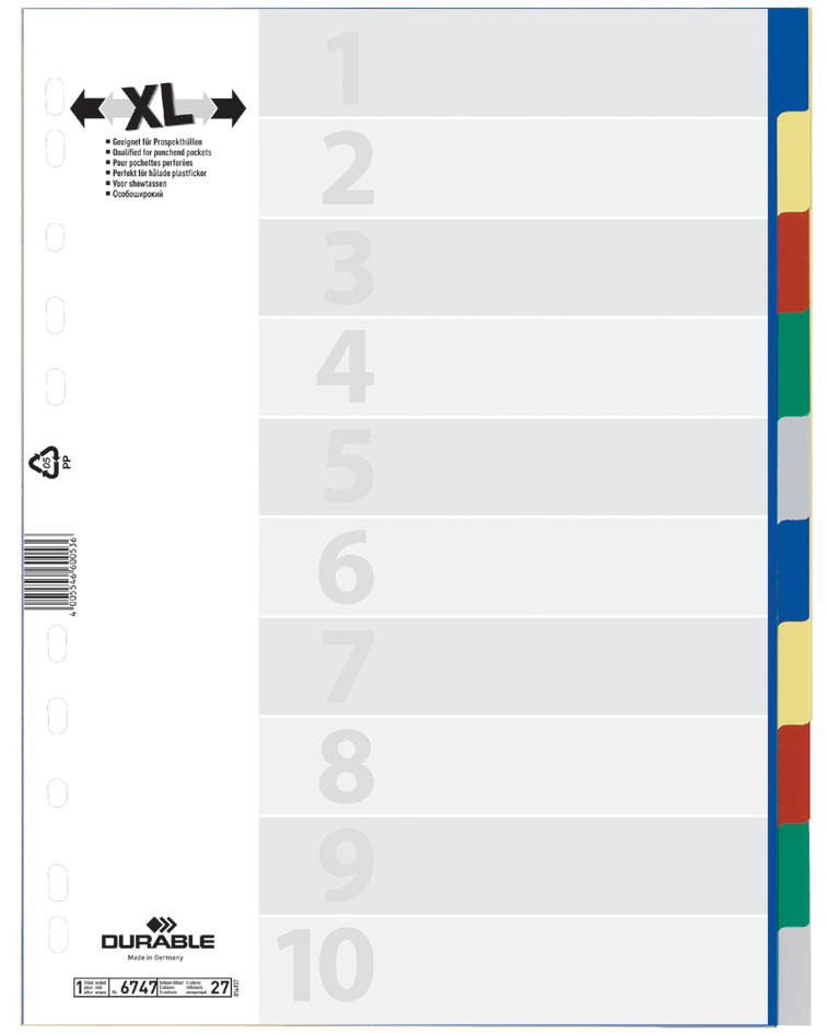 DURABLE Kunststoff-Register, A4, PP, 10-teilig, überbreit von Durable