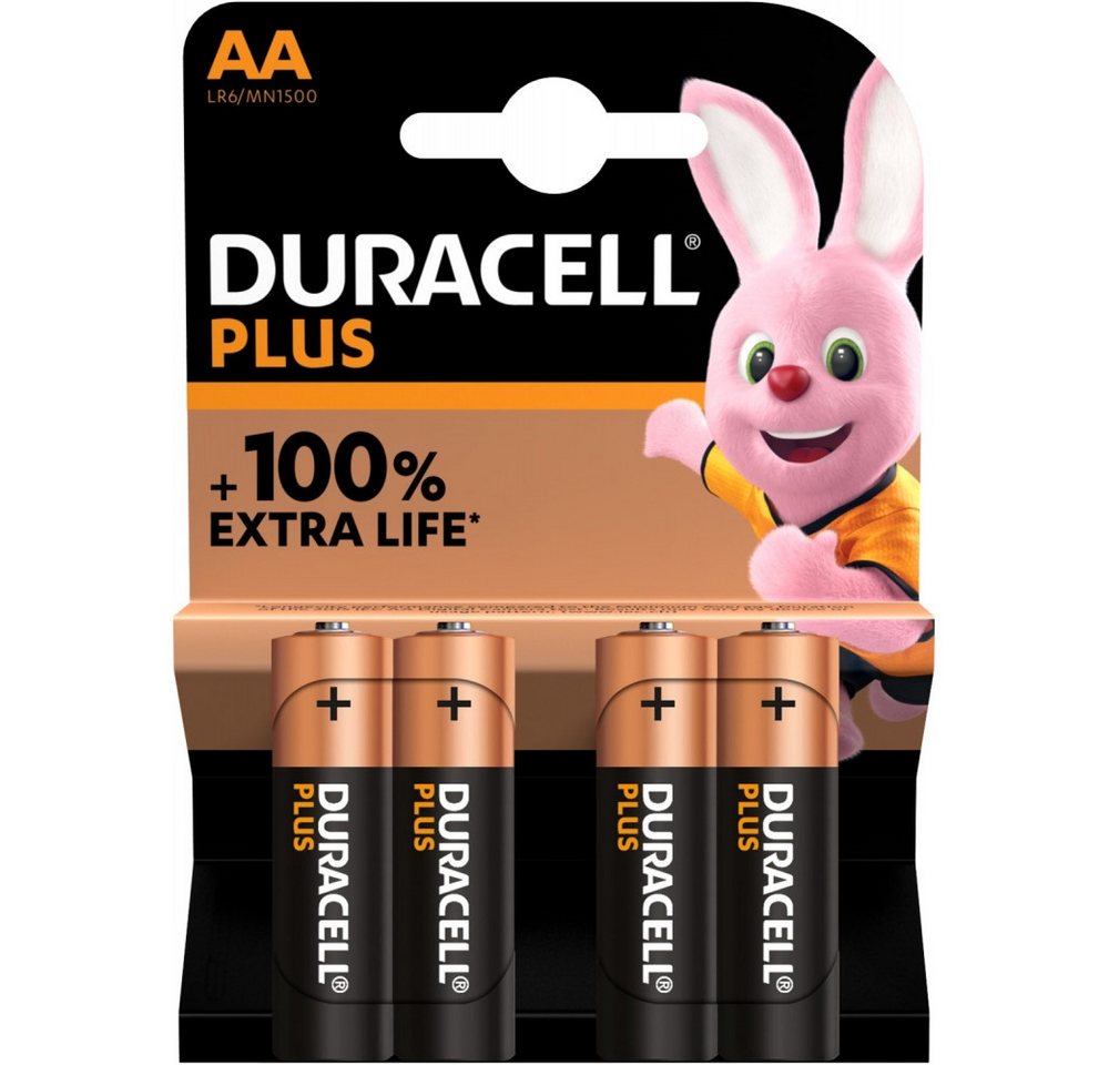 Duracell Duracell Plus AA Mignon-Batterien 4er Blister Batterie, (1.5 V V), Alkaline Chemie für hohe Leistung von Duracell