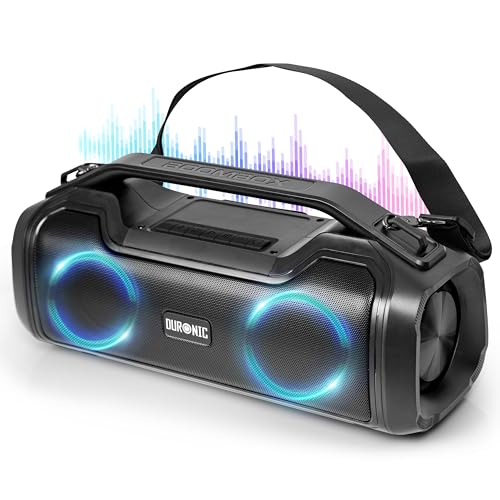 Duronic BX48 Tragbarer Bluetooth-Lautsprecher, Wireless mit RGB-Lichtern, IPX5 Spritzwassergeschützt, Extremer Sound, 4,5 Stunden Spielzeit, AUX/USB/TWS Kompatibel, MicroSD bis 32GB von Duronic