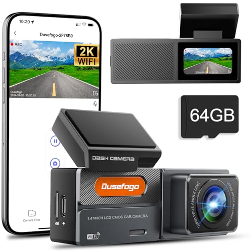 Dashcam Auto Front 2K mit WiFi & Dash Cam Car 64GB-Karte,Super Nachtsicht, 170° Weitwinkel WDR, G-Sensor, Loop-Aufnahme, Car Camera APP-Steuerung, IPS-Bildschirm, 24h-Parkmodus mit Bewegungserkennung von Dusefogo