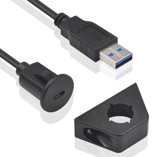 Duttek USB 3.0 Stecker auf Typ C Buchse Flush Mount Kabel, USB A auf USB C Flush Panel Mount Wasserdichtes Kabel, Verlängerungskabel mit Panel Mount für Auto LKW Boot Motorrad Armaturenbrett 1,5M von Duttek