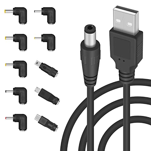 Duttek USB to DC Power Cable, USB2.0 Stecker auf DC5.5x2.1mm Stecker Barrel Jack 5V Ladekabel mit 10 Anschluss Tipps, kompatibel mit DVR, USB Hub, Kamera, Recorder, Bluetooth Lautsprecher, 1.5M von Duttek