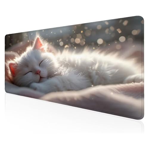 Gaming Mauspad Weiße Katze Cute Mauspad, Gaming Mousepad groß, mit Wasserdicht Rutschfester Vernähten Kanten schreibtischunterlage, verbessert Präzision und Geschwindigkeit 100x50 cm Z-512 von Duushuait