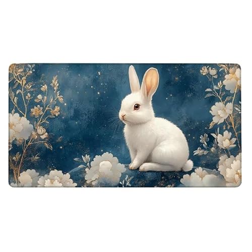 Kaninchen Mousepad 800x300X0.3MM XXL Mauspad Blume Schreibtisch unterlage mit Vernähte Kanten - Rutschfeste Gummibasis - Wasserdicht Mouse Pad für Desk Deko Aesthetic, Weihnachten Geschenke für Frauen von Dxoaoocc