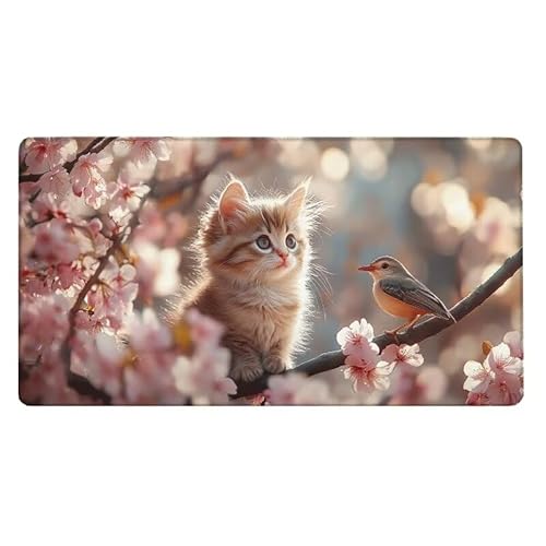 Kirschblüten Mousepad 900x400X0.3MM XXL Mauspad Katze Schreibtisch unterlage mit Vernähte Kanten - rutschfeste Gummibasis - Wasserdicht Mouse Pad für Desk Deko Aesthetic, Weihnachten Geschenke von Dxoaoocc