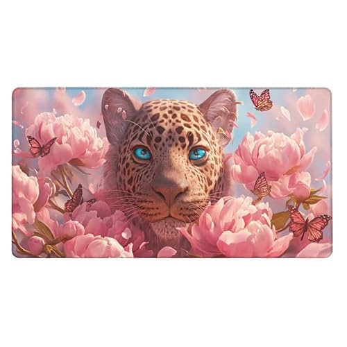 Leopard Mousepad 500x250X0.3MM XXL Mauspad Pfingstrose Schreibtisch unterlage mit Vernähte Kanten - rutschfeste Gummibasis - Wasserdicht Mouse Pad für Desk Deko Aesthetic, Weihnachten Geschenke von Dxoaoocc